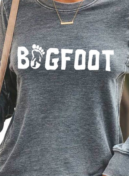 Women's Bigfoot Print T-shirts Solid Gray Long Sleeve Round Neck Daily T-shirt