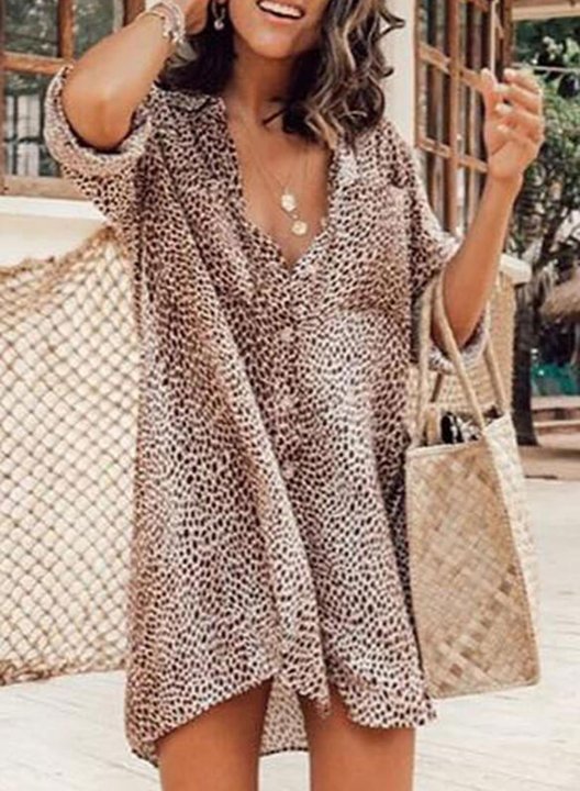 Women's Maxi Dresses Button Fit & Flare Leopard Long Sleeve Turn Down Collar Casual Beach Maxi Dress