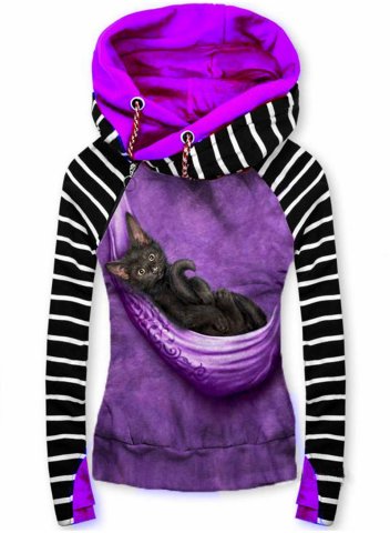 Women's Hoodies Cat 3D Graphic Striped Long Sleeve Daily Casual Drawstring Hoodie