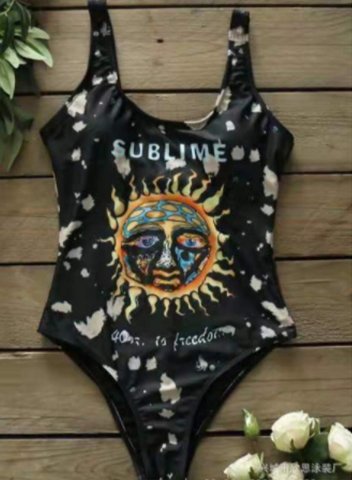 Women's One Piece Swimwear Color Block Sun Print Round Neck Basic One-Piece Swimsuits One-Piece Bathing Suits