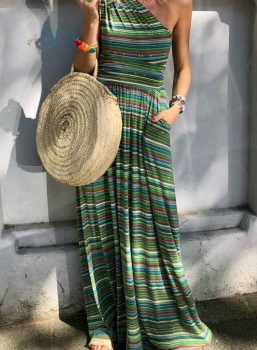 Women's Maxi Dresses Striped One-shoulder Flare Boho Dress