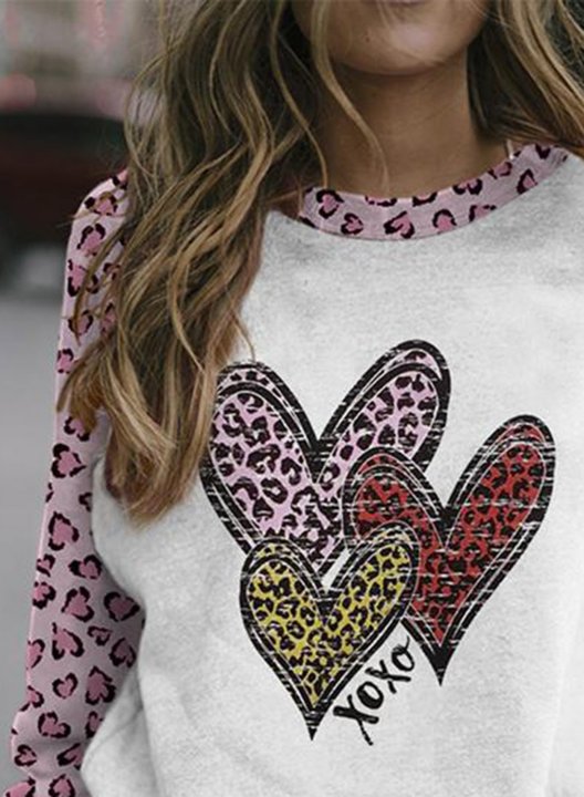 Women's Leopard Heart Sweatshirt Color Block Round Neck Long Sleeve Daily Casual Pullovers