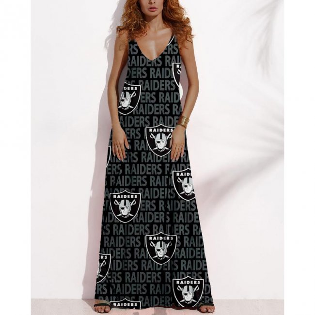 Women's Summer LAS VEGAS RAIDERS Fan Print V-neck Sleeveless Loose Long A-line Dress