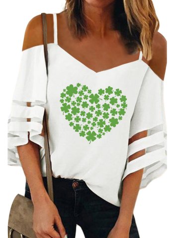 Women's T-shirts Strapless Heart-shaped Clover-print Half Sleeve V Neck Daily T-shirt