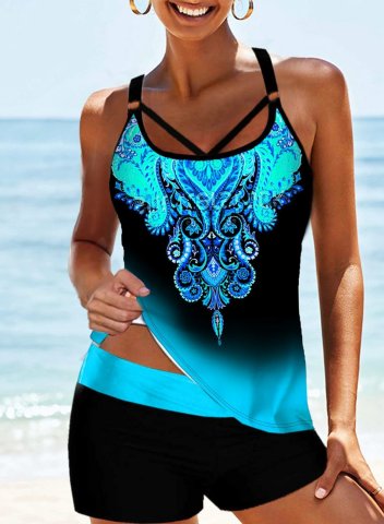 Women's Tankinis Mid Waist Tribal Color Block Casual Tankini Set