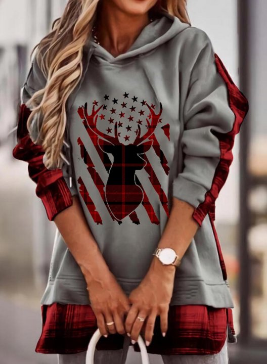 Women's Hoodies Deer Hunting American Flag Print Plaid Color Block Flag Long Sleeve Hoodie