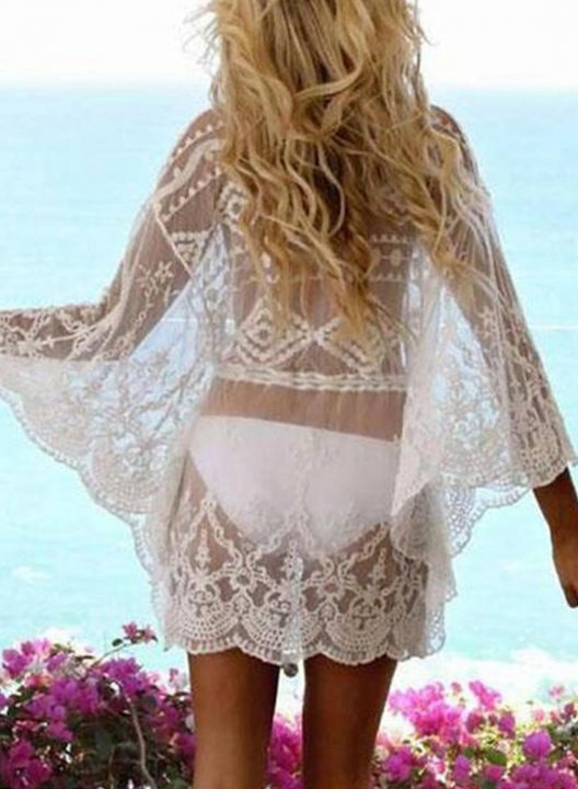 Women's Mini Dress Solid Lace Fit & Flare V Neck Long Sleeve Vacation Beach Mini Dress