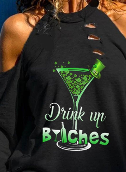 Women's St Patrick's Day Sweatshirt Drink up Bitches Long Sleeve Cold Shoulder Casual T-Shirt