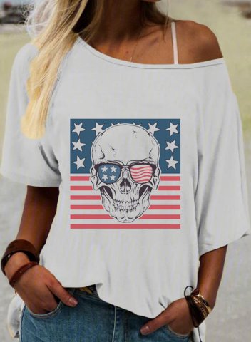 Women's American Flag T-shirts Skull Print Short Sleeve Cold Shoulder Daily T-shirt