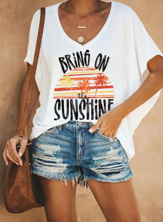 Women's T-shirts Sunshine Letter Print Short Sleeve V Neck Daily T-shirt