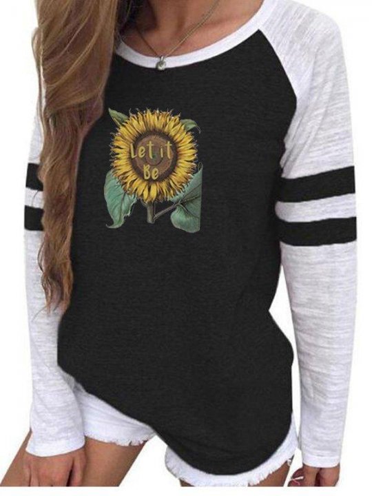 Women Let It Be Sunflower Long Sleeve T-Shirt Round Neck Acrylic Floral Shirts & Tops