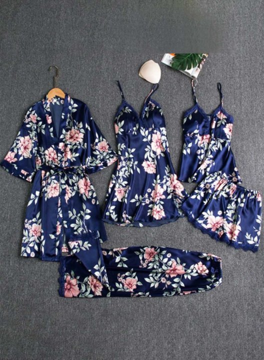 Women's Loungewear Sets Solid Floral Lace 4-Piece Loungewear Set