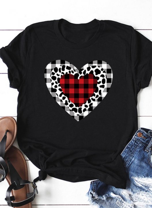 Women's T-Shirt Casual Plaid Leopard Heart-shaped Solid Round Neck Short Sleeve Daily T-shirts