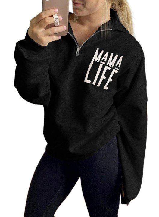 Solid Long Sleeve Letter V Neck Zip Front Sweatshirt