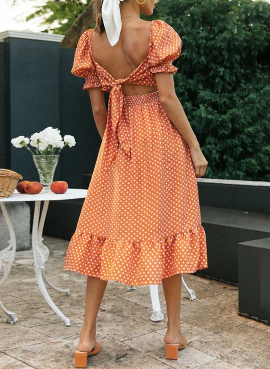 Women's Midi Dress Polka Dot Fit & Flare Square Neck Short Sleeve Knot Summer Daily Casual Midi Dress