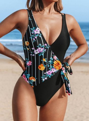 Women's One-Piece Swimsuits One-Piece Bathing Suits Floral Spaghetti Open Back Knot Casual Swimsuits