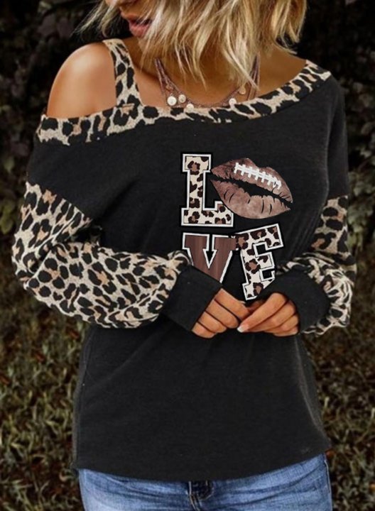 Women's T-shirts Leopard Letter Print Long Sleeve Cold-shoulder Daily T-shirt