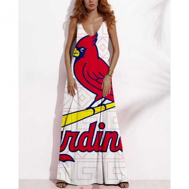 Women's Summer ST. LOUIS CARDINALS Fan Print V-neck Sleeveless Loose Long A-line Dress