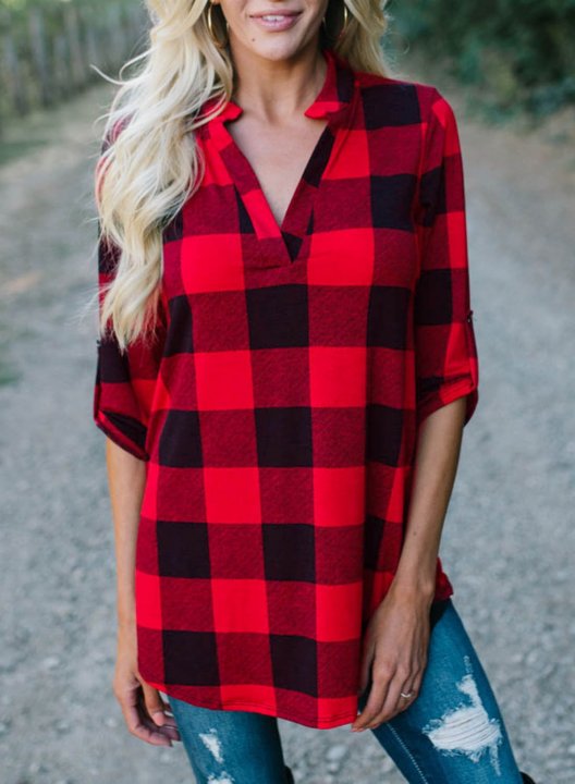 Women's Plaid V Neck Long Sleeve Shirts Casual Loose Blouse Tops