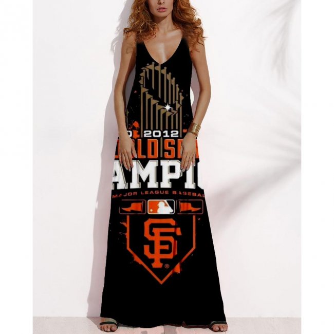 Women's Summer SAN FRANCISCO GIANTS Fan Print V-neck Sleeveless Loose Long A-line Dress