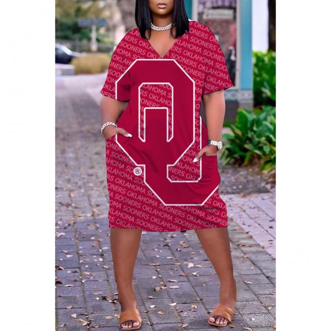 NCAAF Women's Oklahoma Sooners Printed V-neck Casual Pocket Dress