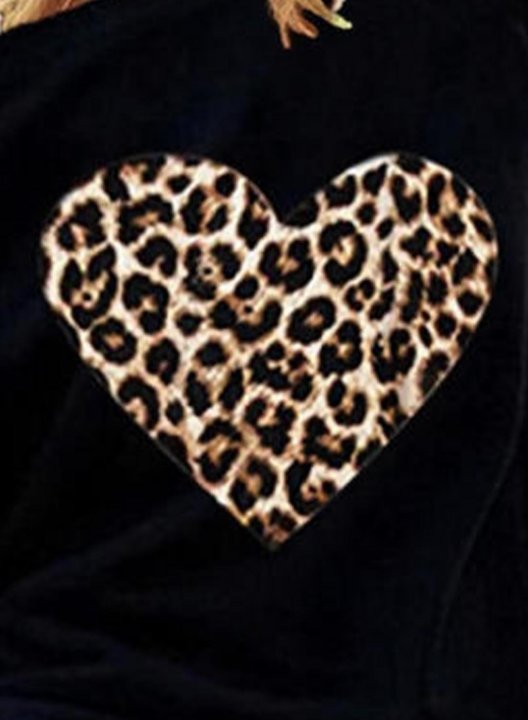 Women's Heart Sweatshirt One Shoulder Leopard Heart-shaped Round Neck Long Sleeve Casual Pullovers