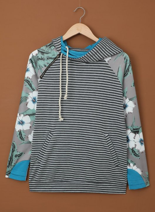 Striped&Floral Long Sleeve Zip Hoodie