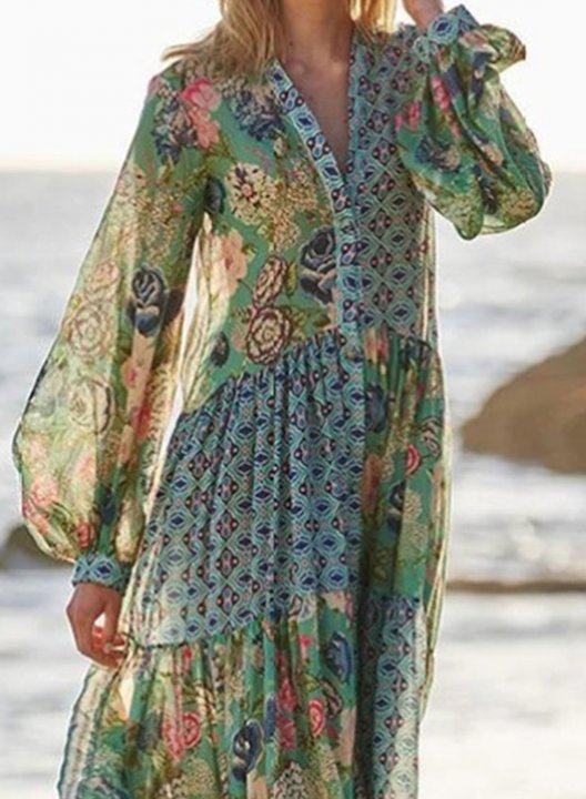 Women's Maxi Dresses Floral Multicolor Flare Boho Long Sleeve Dress