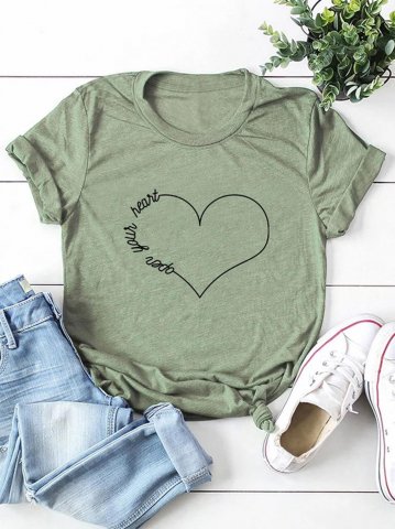 Women's Open Your Heart Letter Print T-shirts Casual Solid Heart-shaped Round Neck Short Sleeve Daily T-shirts