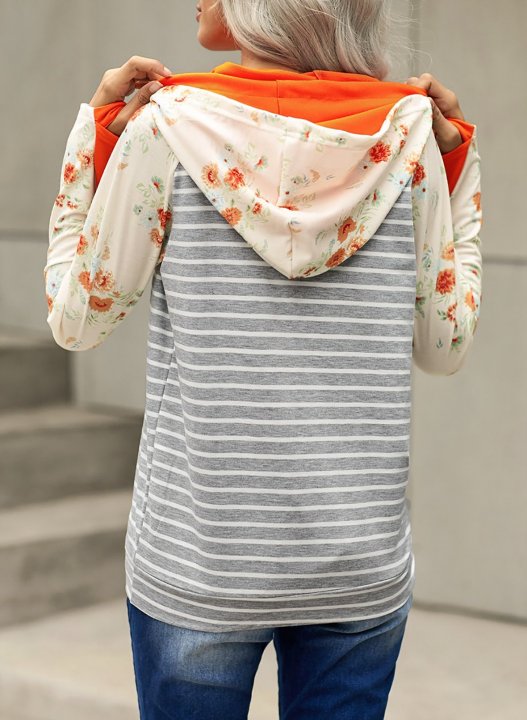 Orange Floral Print Casual Hoodie