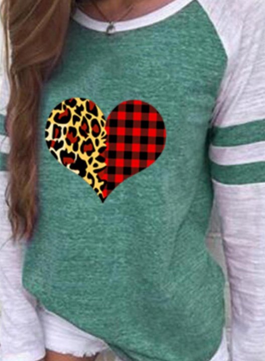 Women's T-shirts Striped Leopard Color Block Heart-shaped Print Long Sleeve Round Neck Daily T-shirt