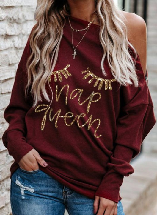 Women's Nap Queen Sweatshirt Letter Sequin Cold Shoulder Long Sleeve Asymmetrical Basic Pullover