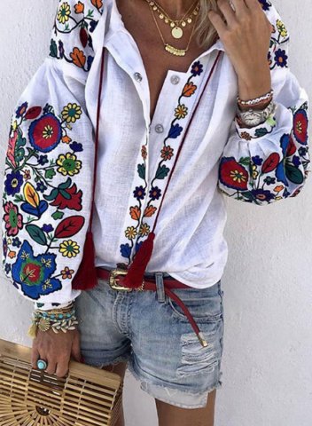 Women's Shirts Floral Embroidery Long Sleeve V Neck Daily Boho Shirt