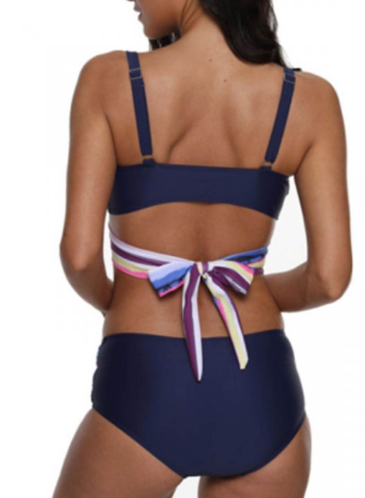 Women's Bikinis Striped Multicolor Low Rise Sleeveless V Neck Padded Unadjustable Wire-free Criss Cross Casual Vacation Bikini Suit