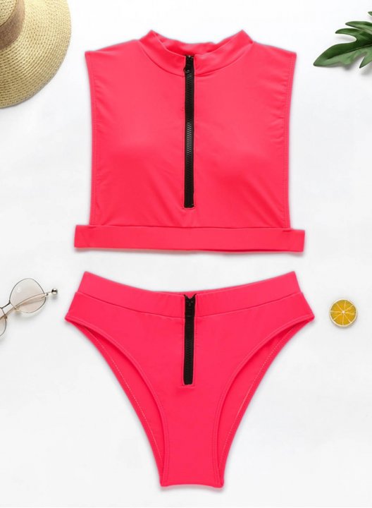 Women's Bikinis Solid Fluorescent Sleeveless Unadjustable High Neck Padded Vacation Bikini