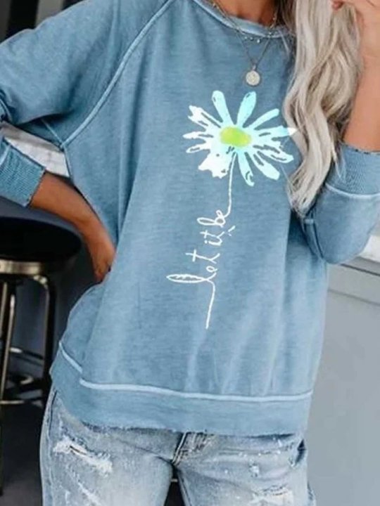 Solid Floral Long Sleeve Round Neck Sweatshirt