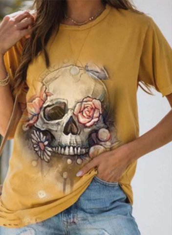 Women's T-shirts Abstract Skull Print Short Sleeve Round Neck Daily T-shirt