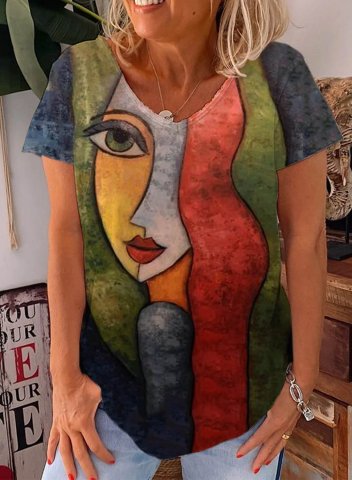 Women's T-shirts Color Block Abstract Face Graphic Print Short Sleeve V Neck Daily T-shirt