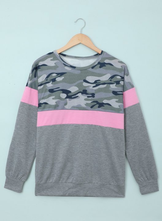 Camouflage/Color Block Long Sleeve Round Neck Basic Sweatshirt