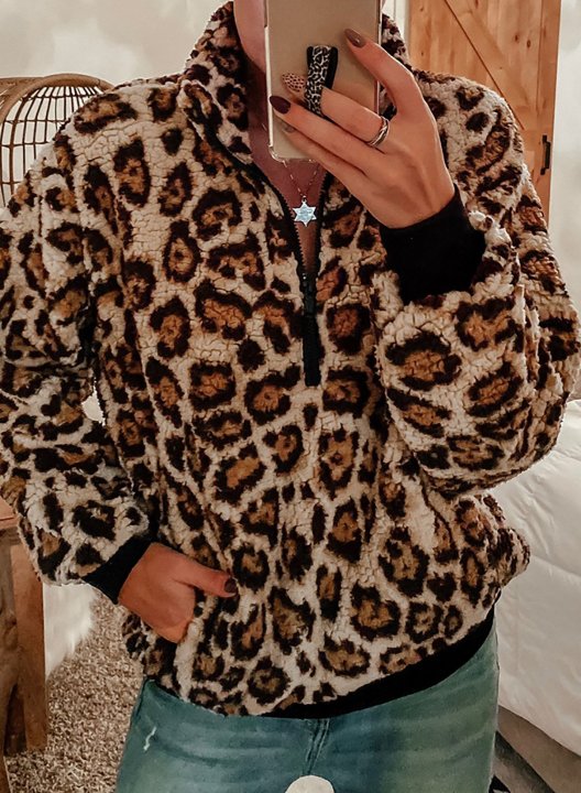 Leopard Long Sleeve High Neck Zip Sweatshirt