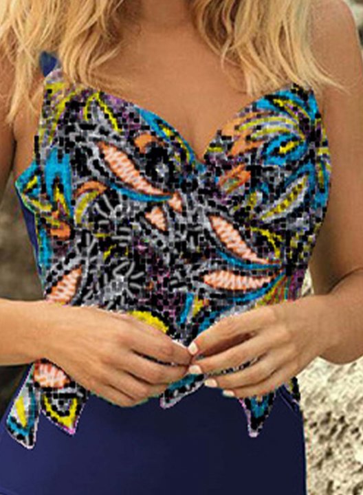 Women's One-Piece Swimsuits One-Piece Bathing Suits Floral Color Block Spaghetti Casual One-Piece Swimsuit