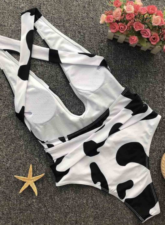 Women's One-Piece Swimsuits One-Piece Bathing Suits Criss Cross Knot Animal Print V Neck One-Piece Swimsuit