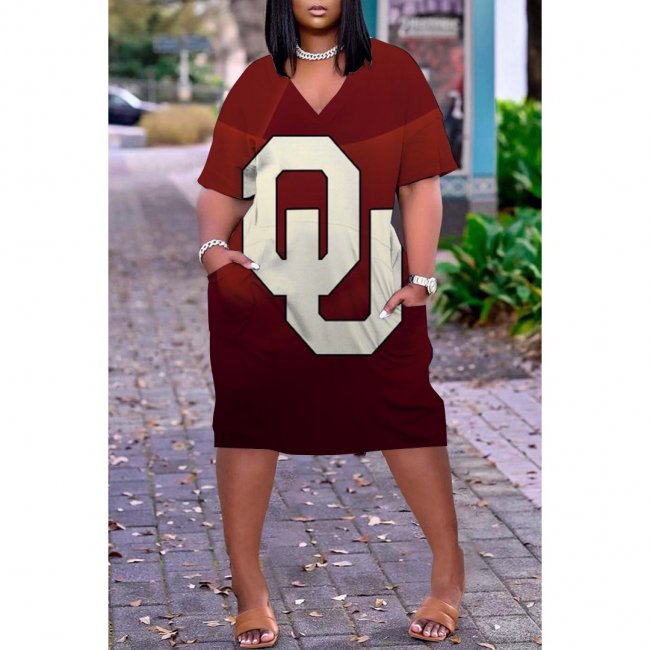 NCAAF Women's Oklahoma Sooners Printed V-neck Casual Pocket Dress