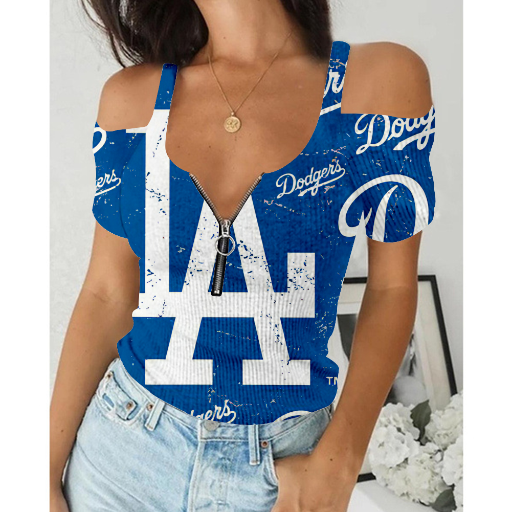 Women's Summer Los Angeles Dodgers Team Print Off-Shoulder V-Neck Zipper Slim T-Shirt