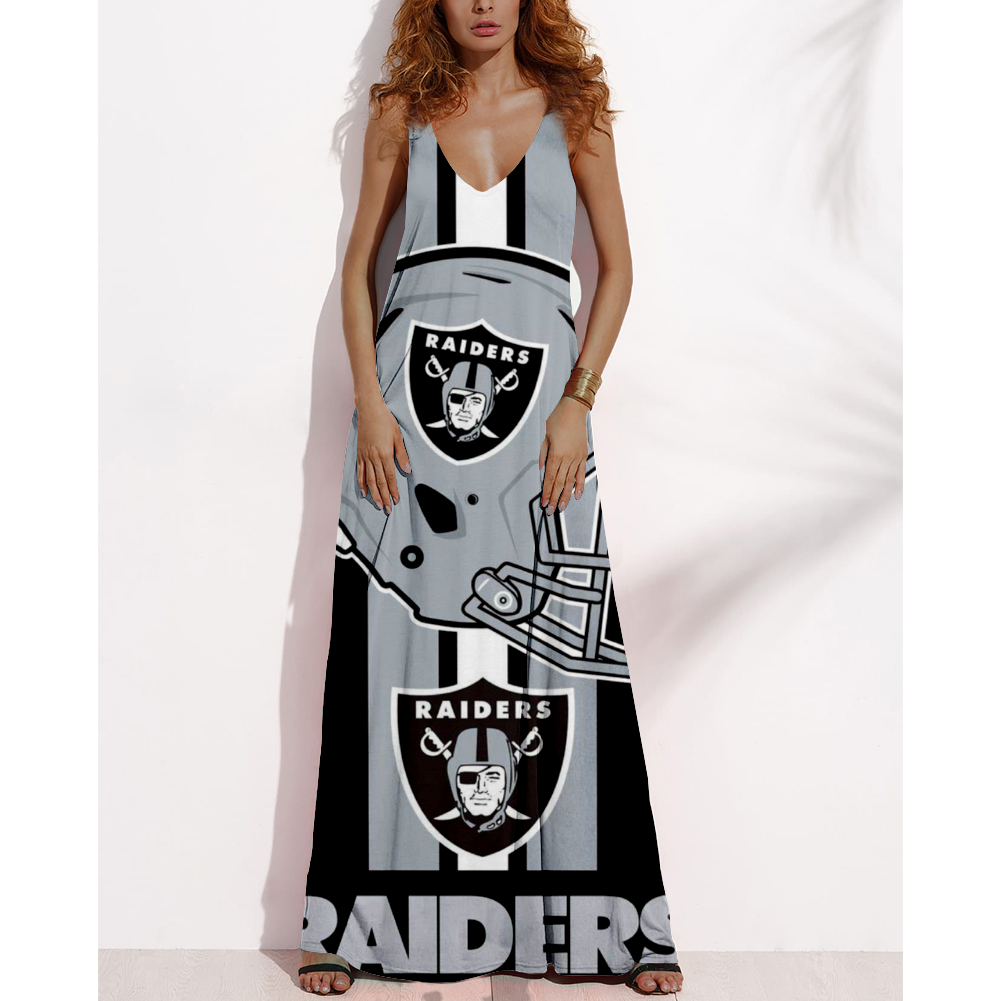 Women's Summer LAS VEGAS RAIDERS Fan Print V-neck Sleeveless Loose Long A-line Dress