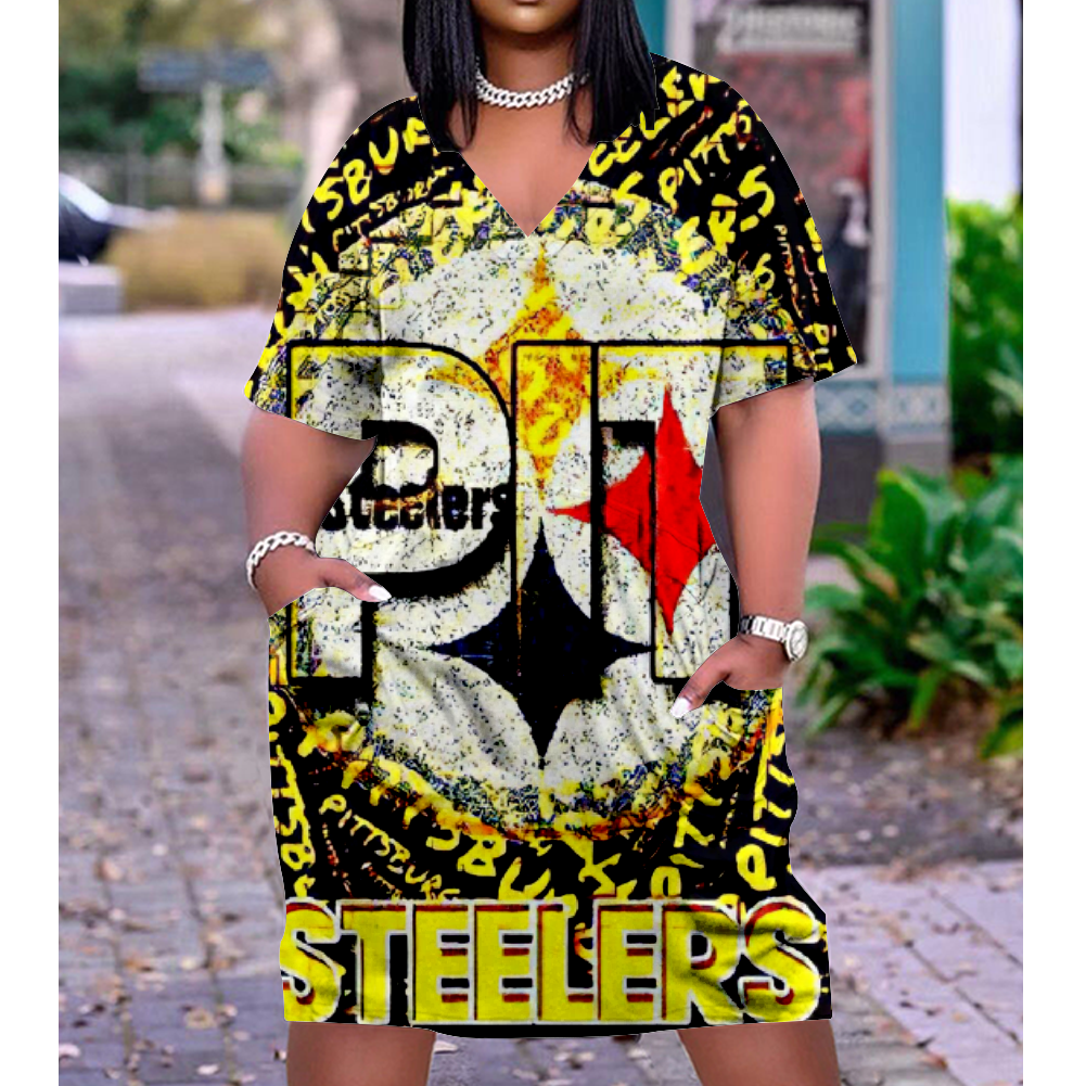 Pittsburgh Steelers V-Neck Jacket Short-Sleeved Bat-Sleeved Dress