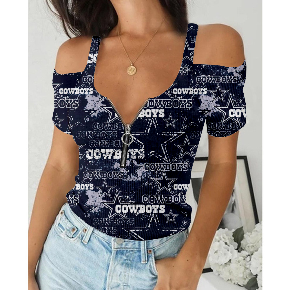Women's Summer Dallas Cowboys Team Print Off-Shoulder V-Neck Zipper Slim T-Shirt