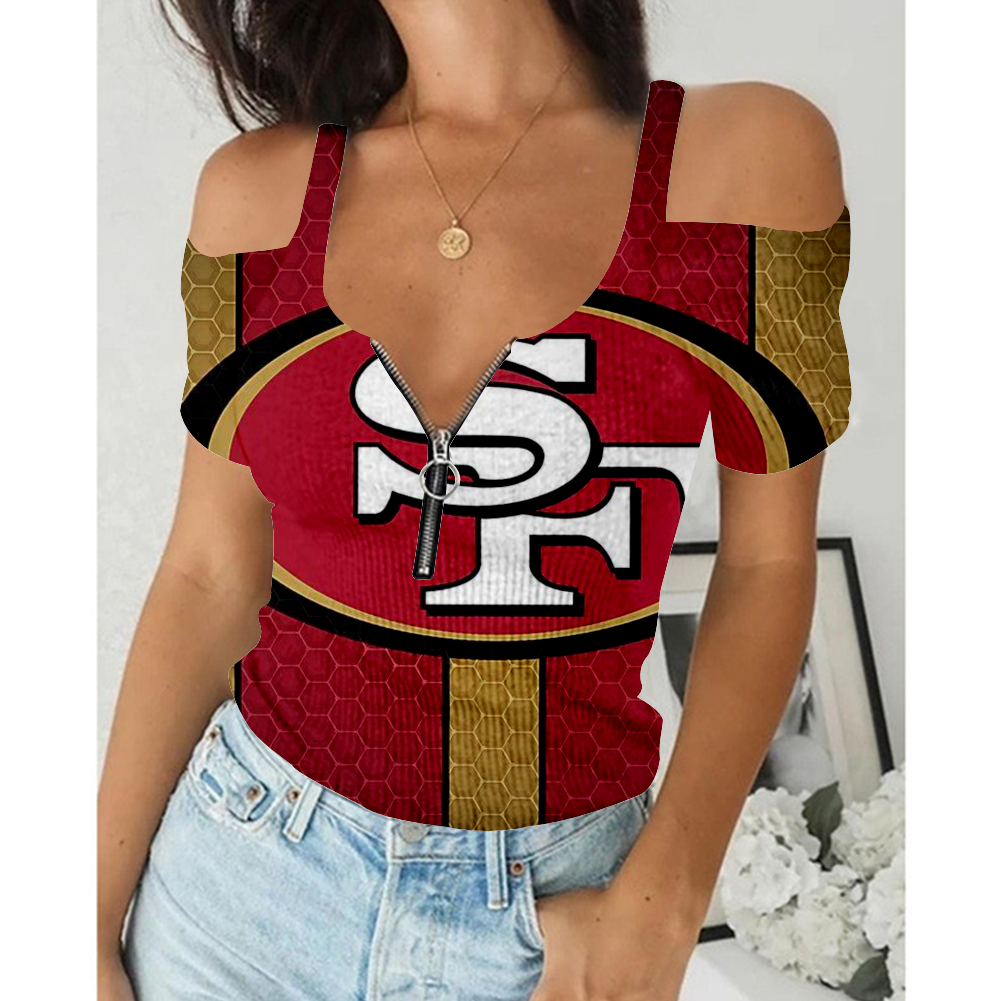 Women's Summer San Francisco 49ers Team Print Off-Shoulder V-Neck Zipper Slim T-Shirt