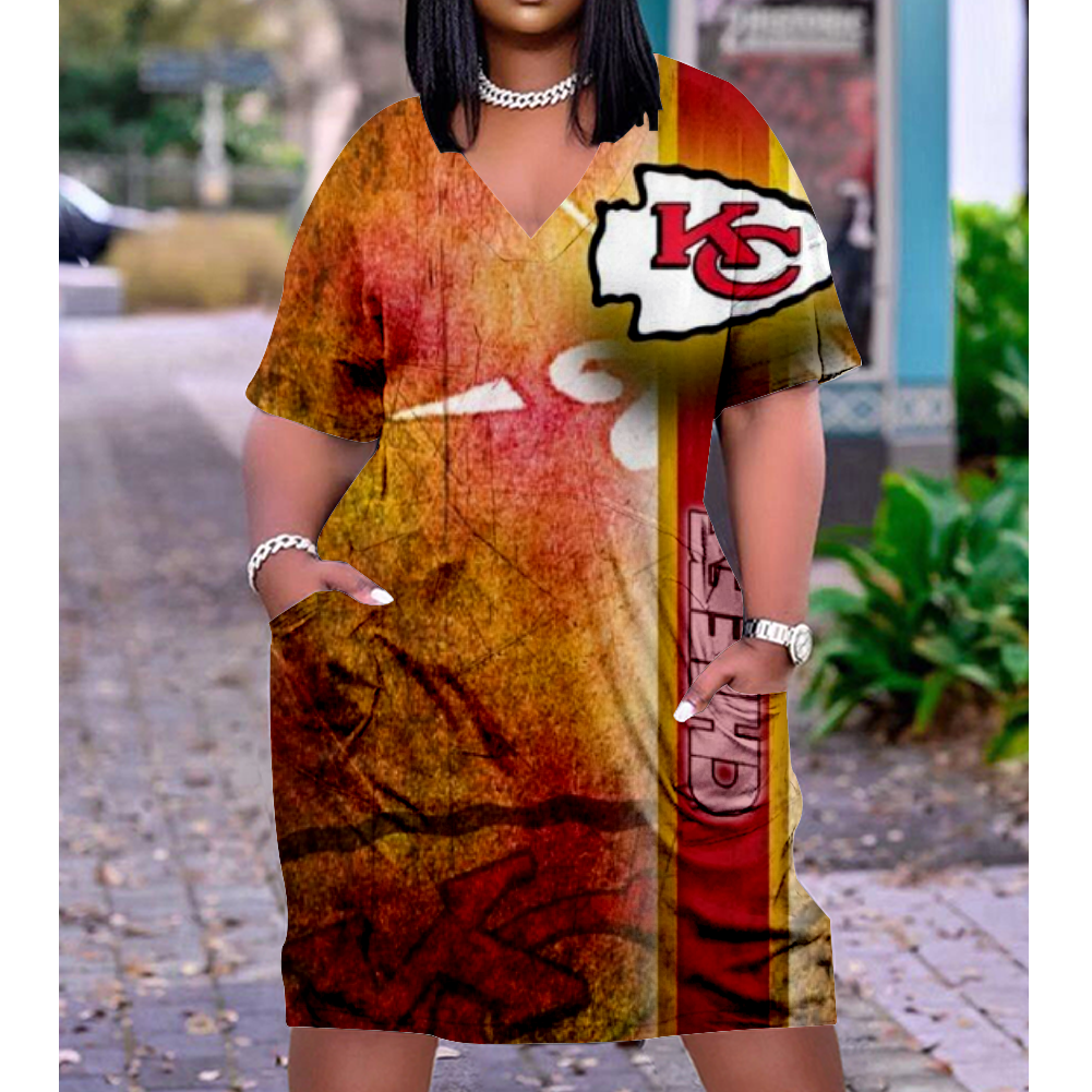 Kansas City Chiefs V-Neck Jacket Short-Sleeved Bat-Sleeved Dress