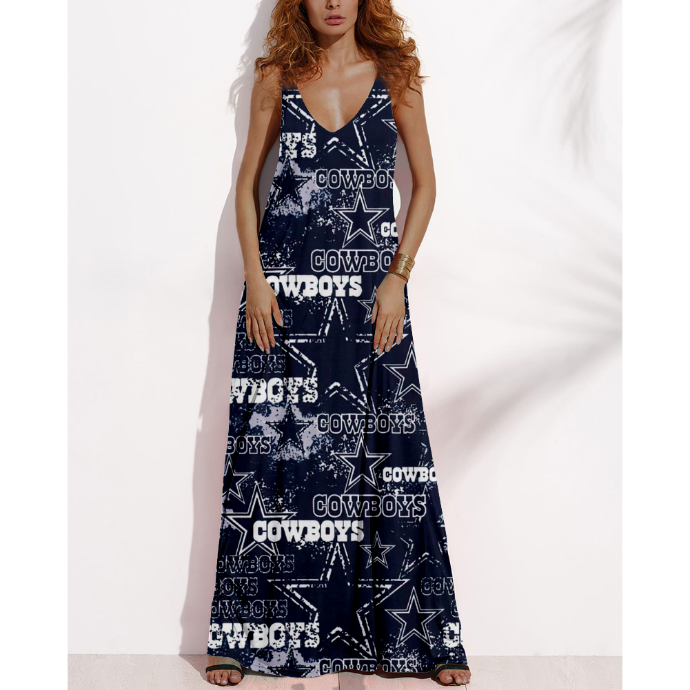 Women's Summer DALLAS COWBOYS Fan Print V-neck Sleeveless Loose Long A-line Dress